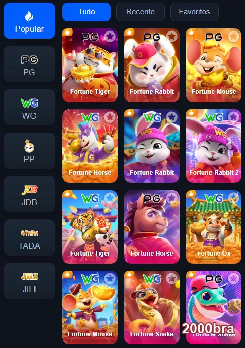 Interface do aplicativo cassino da 2000bra em dispositivo móvel